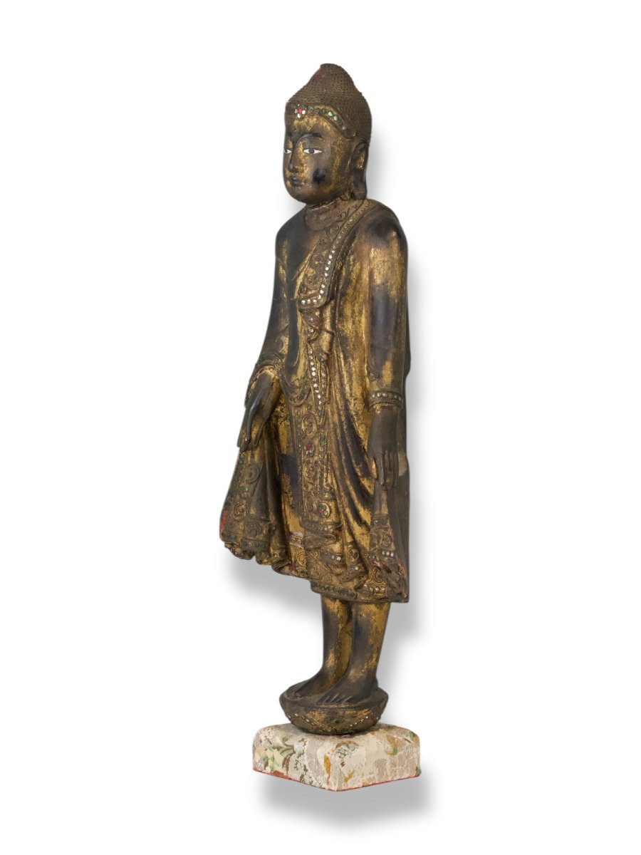 Figura di Buddha Stante su Fiore di Loto in Legno - Thailandia XIX Secolo-photo-1